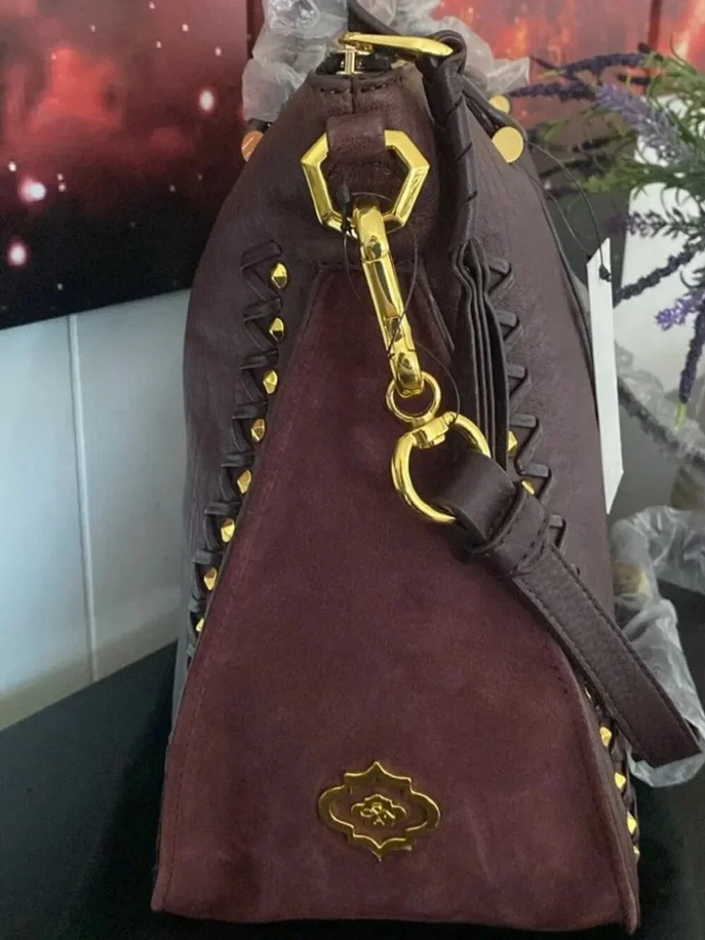 OrYany Leather Satchel Shoulder Bag Burgandy Gold Studs Hardware